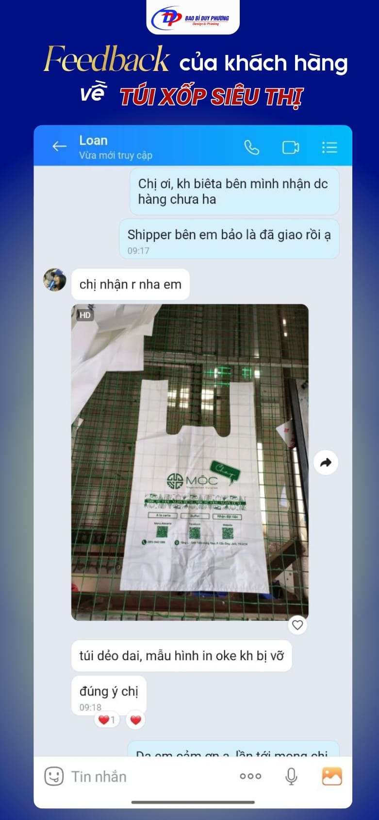 Đánh giá của chị Loan về túi xốp siêu thị của Duy Phương