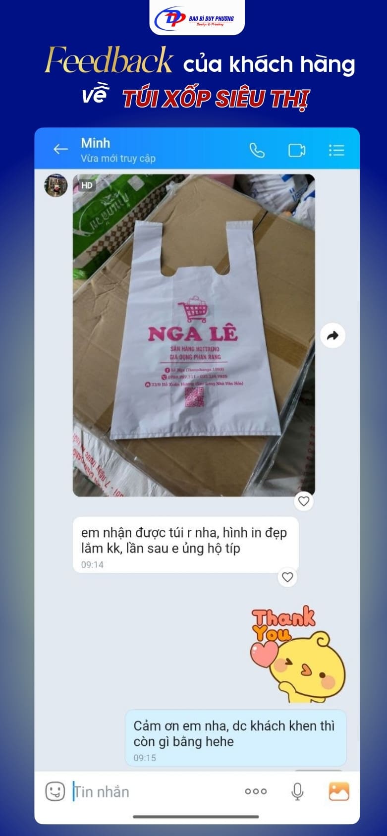 Feedback của chị Minh về hình in túi siêu thị sắc nét