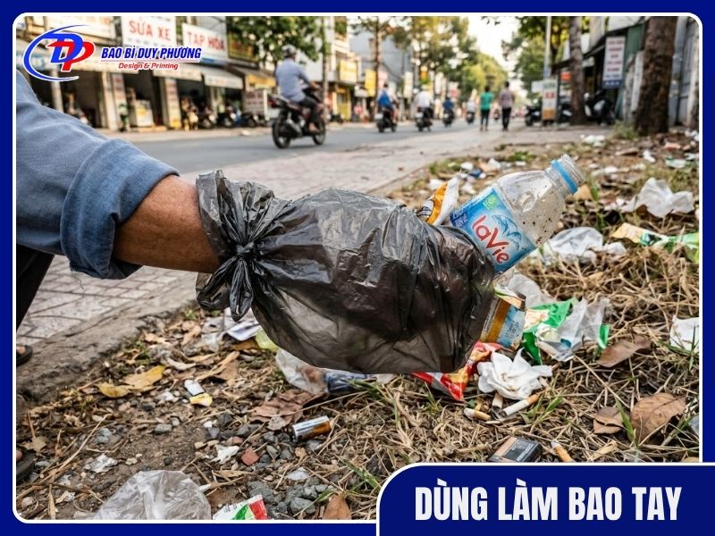 Dùng lại túi nilon để thay thế bao tay nhặt rác trong thời gian ngắn