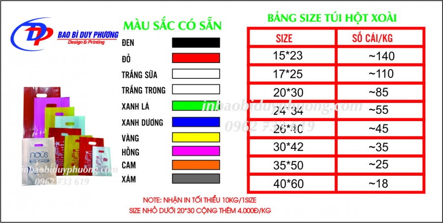 BẢNG SIZE TÚI HỘT XOÀI