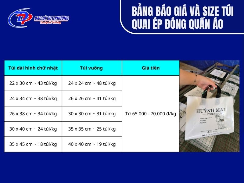 Bảng báo giá và size của túi nilon nhựa đựng quần áo