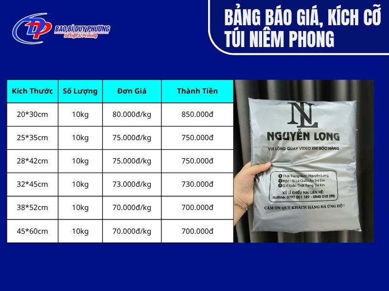 Bảng kích cỡ và báo giá túi niêm phong đóng gói quần áo