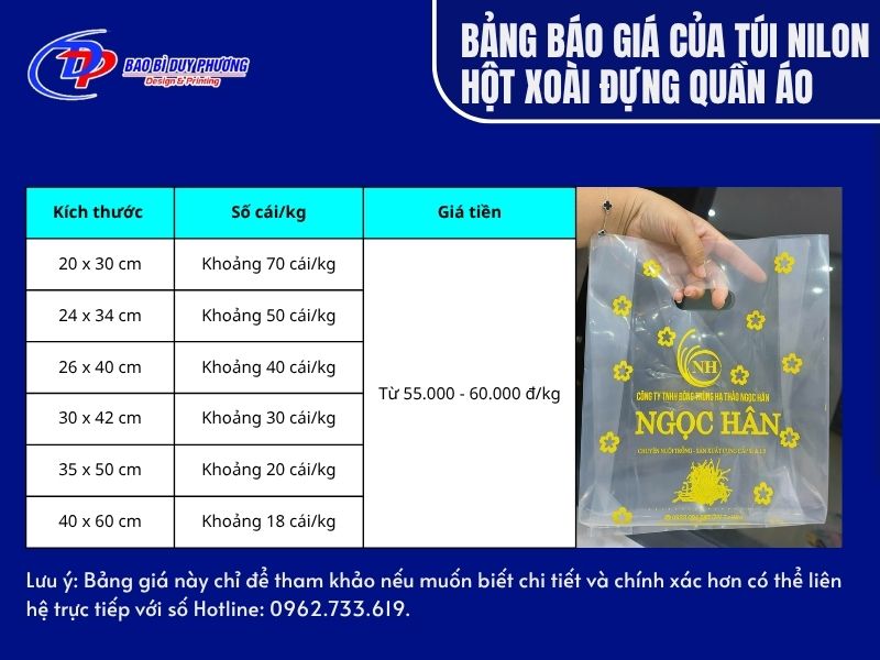 Bảng báo giá và kích thước túi nilon hột xoài chứa quần áo