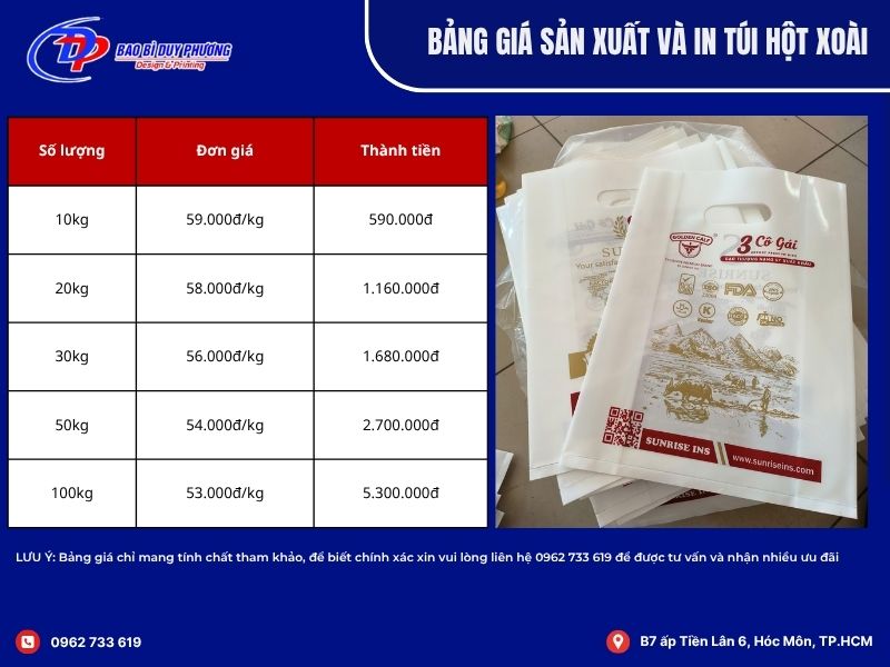 bảng giá in túi hột xoài giá rẻ tại tphcm