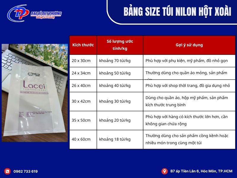 bảng size túi nilon hột xoài