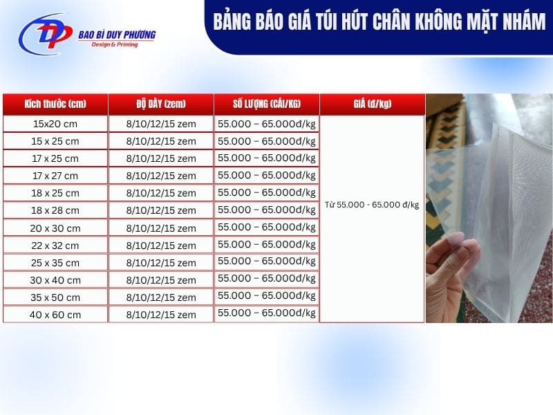 bảng báo giá túi hút chân không mặt nhám