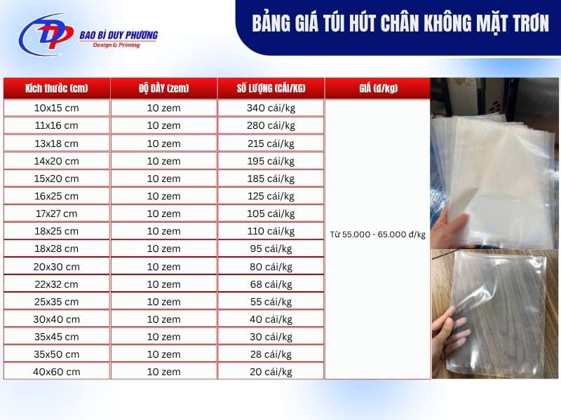 bảng báo giá túi hút chân không trơn