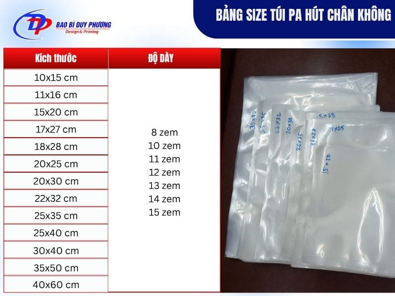 bảng size túi hút chân không