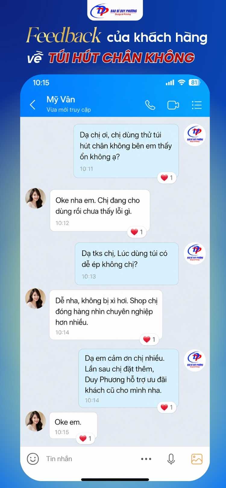 feedback của khách hàng sau khi sử dụng túi hút chân không tại In Bao Bì Duy Phương