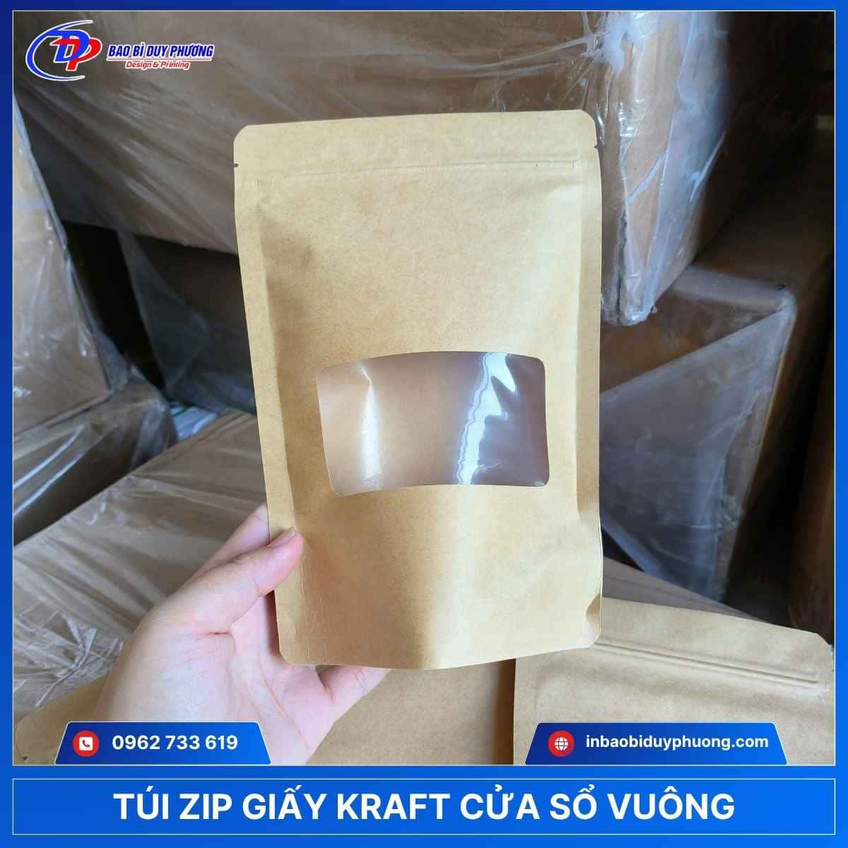 túi zipper giấy kraft cửa sổ vuông