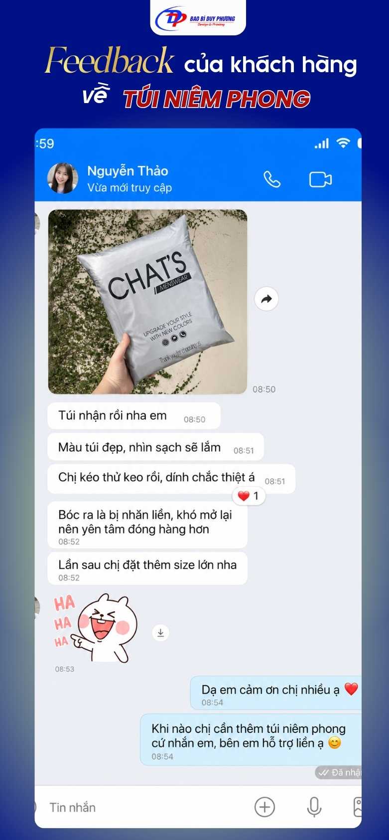 Đánh giá của Chị Thảo về túi gói hàng niêm phong tại Duy Phương