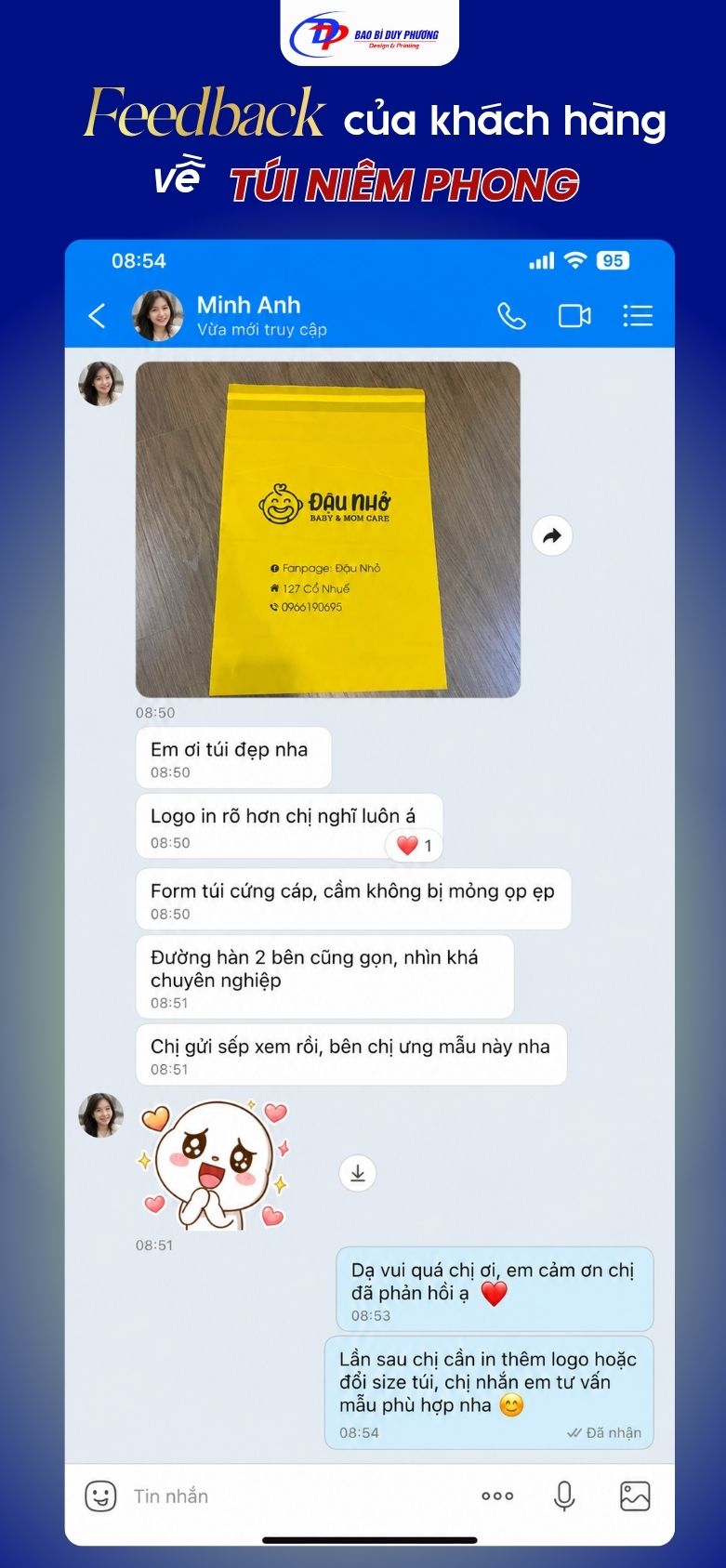 Feedback của Minh Anh về chất lượng túi đóng hàng niêm phong
