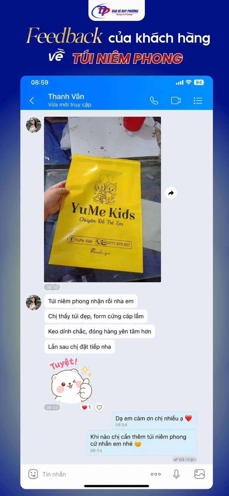 Thanh Vân phản hồi tốt về túi gói hàng keo dán chắc