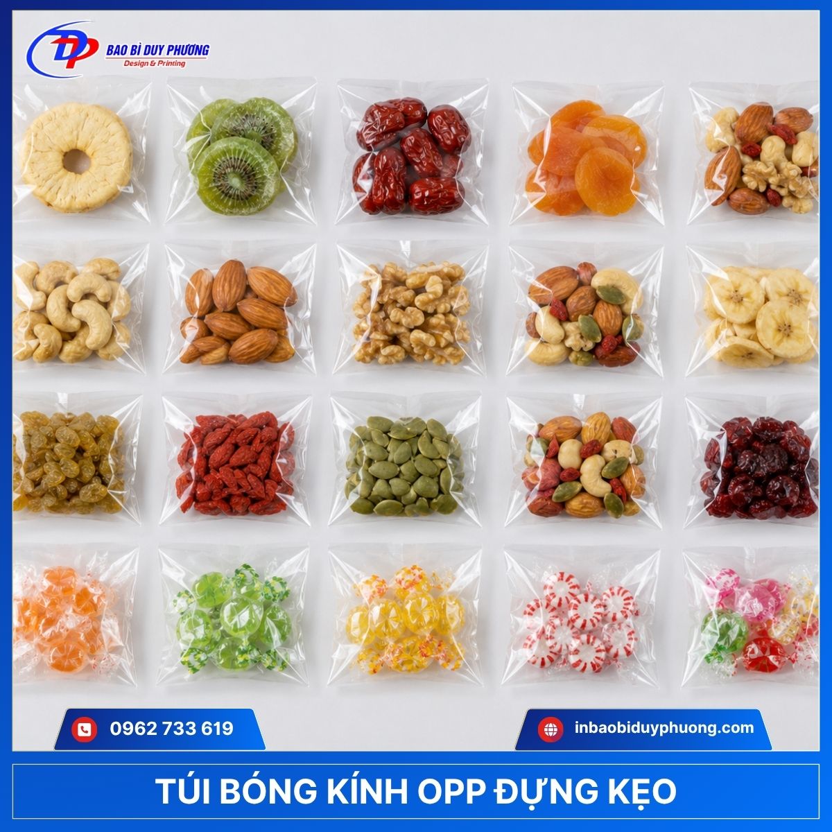 Túi bóng kính trong suốt đựng bánh kẹo, hạt bằng PP/OPP