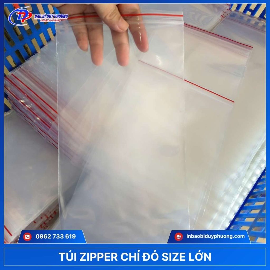 túi zip size lớn viền chỉ đỏ