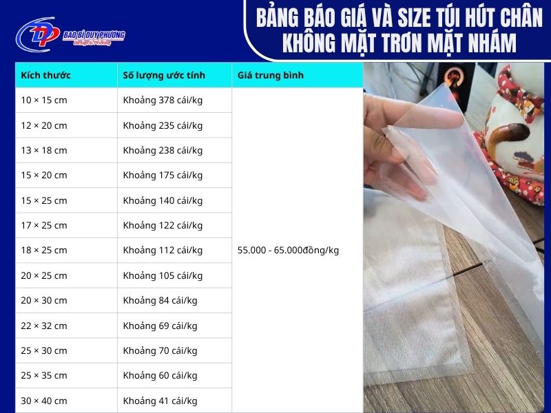 Bảng báo giá và kích thước của túi nilon hút chân không 1 mặt nhám 1 mặt trơn