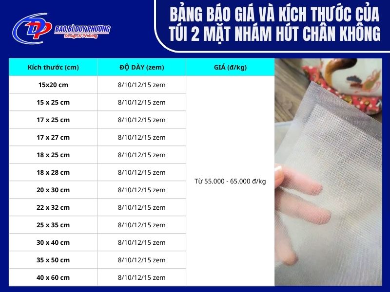 Bảng kích cỡ và giá tiền của túi chân không nhám hai mặt mới 