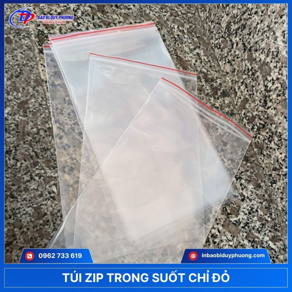 Túi zip chỉ đỏ trong suốt